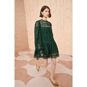 NWT ULLA JOHNSON Handmade Emerald Green Crochet Coquette Garden Party Dress